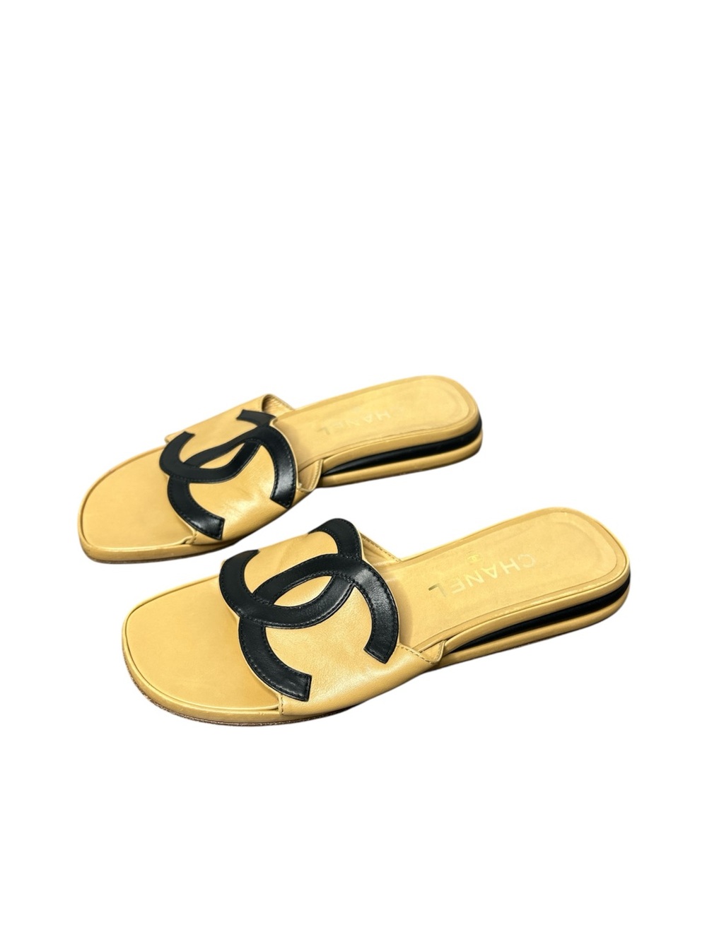 Chanel CC Logo Slide Sandals 37.5 Beige Black Leather Flat Mules Luxury Designer